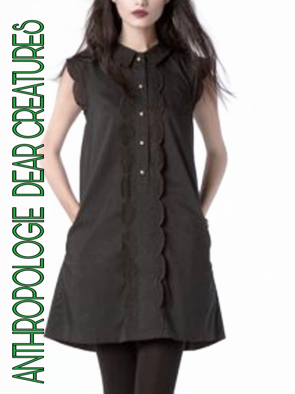 Anthropologie Dear Creatures Black  Scallop Eyelet-Front Mini Shirt Dress